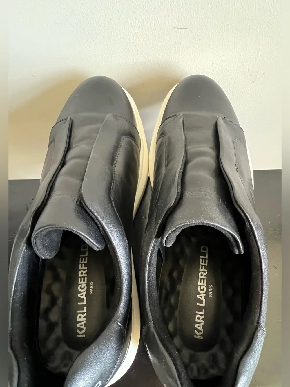 Karl Lagerfeld Paris Men's Leather Laceless Slip On Sneakers Shoes Black Sz 9.5